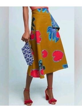 Eva Franco Betta A-line Mustard Floral Midi Skirt by Anthropologie Size 6